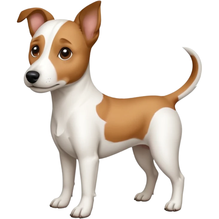 a full body white jack russel looking dog the size of a kelpie with light brown ears and a light brown patch on one eye, flopped down ears and a large snout emoji