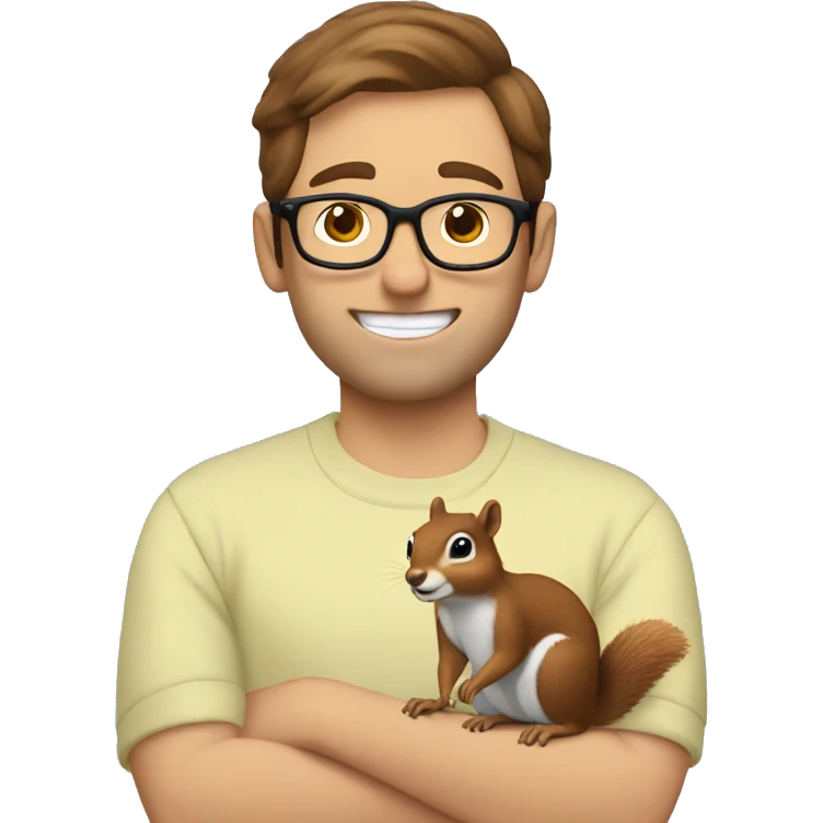 A man with brown hair, glasses and fair skin, feeds a squirrel emoji