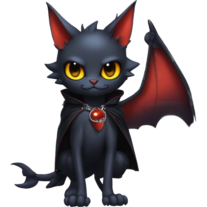 Cute edgy cool beautiful realistic vampiric dark eldritch fantasy Litten-Fakémon-Digimon with bat-wings as ears full body, cloak, choker collar, harness, leg straps emoji