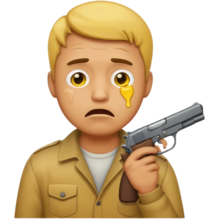 Make a yellow emoji of a guy holding a gun in his mouth while crying emoji