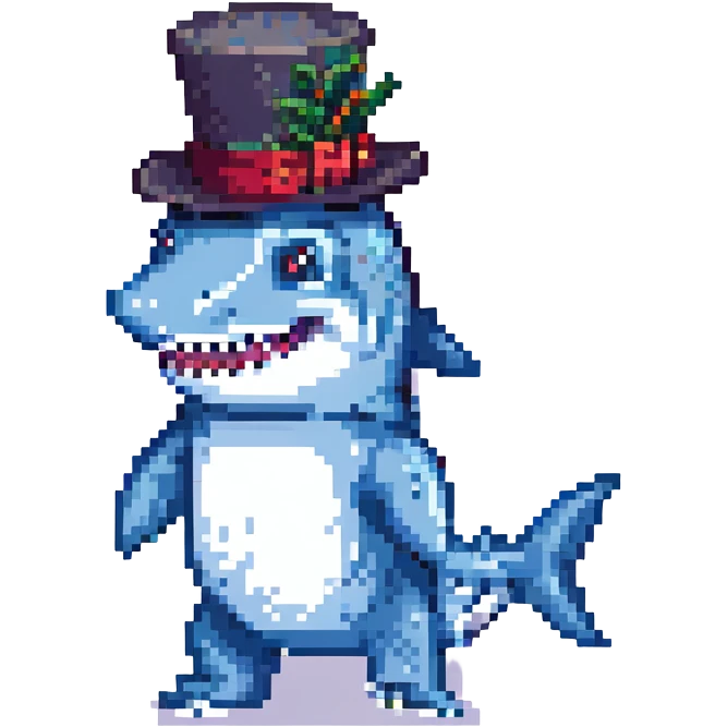 pixel art shark wearing a tophat emoji