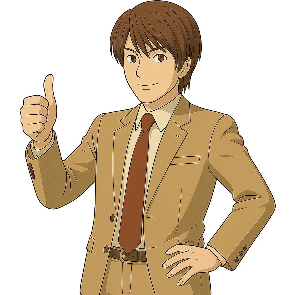 Create an exact Light Yagami in Ghibli style, standing with one hand giving a thumbs up, wearing the same suit, with the same confident expression, on a transparent background. emoji