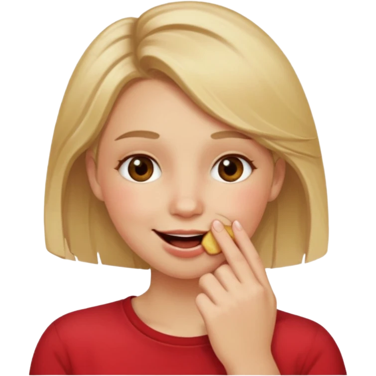 Hand over mouth with blushed cheeks more redness on cheek and smiling  more more redness  dirty blonde hair  emoji