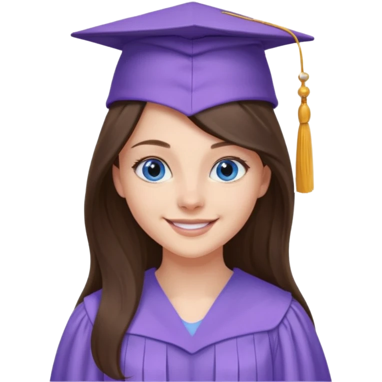 young brunette girl long hair, blue eyes and lilac gown and cap university graduate emoji