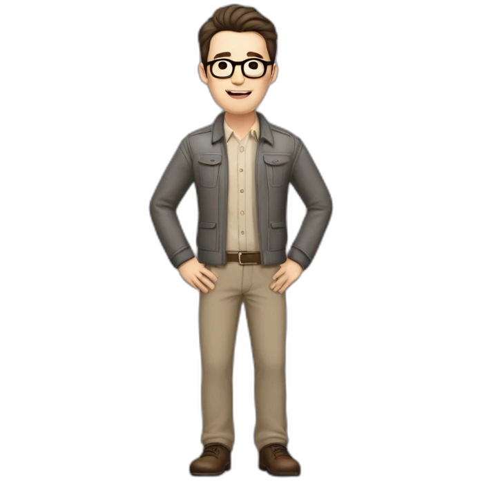Full height Pale skinned Fit Man With dark brown hair in gray classic jacket, beige office shirt, Brown pants and vintage glasses. Thrumbs of his palms upwards emoji