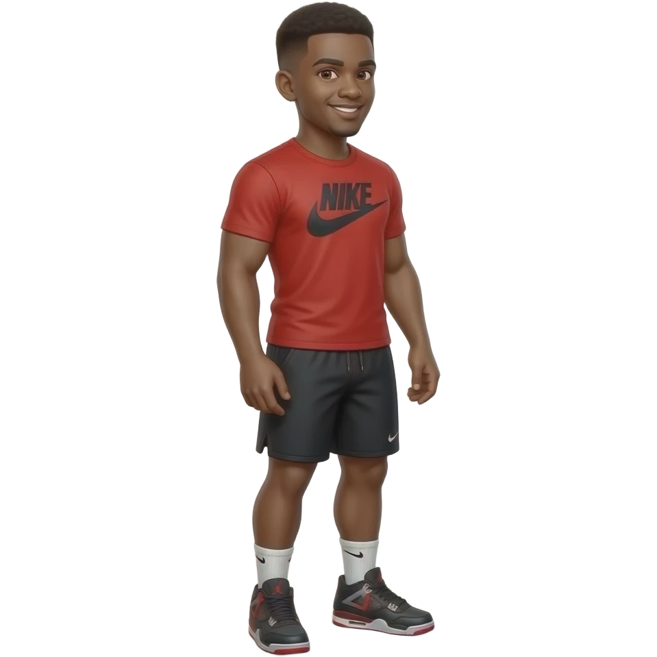 make me a 22 year old brown man with a thick brown low taper fade with a red nike shirt with black nike shorts and jordan 4 shoes with nike socks smiling and looking back with good muscles emoji