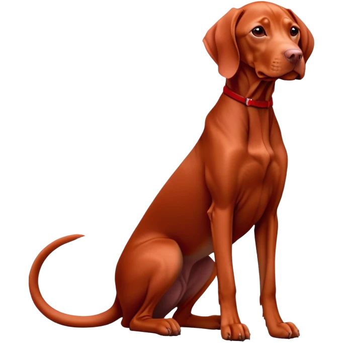 cinematic-[Vizsla-realistic-full-body-sitting-emoji,-tail-resting-loosely-beside-its-paws,-head-tilted-dramatically, -sleek-[red]-fur,-simplified-yet-realistic-focused-features,-highly-detailed,-glowing-with-an-almost-sarcastic-glow emoji