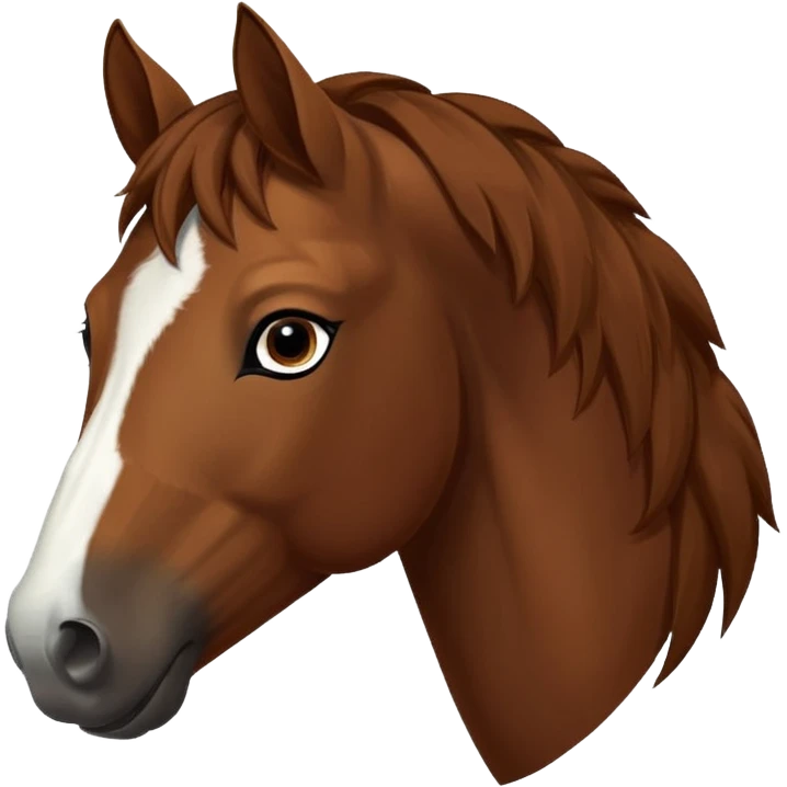 Head of a sorrel horse with a wide white blaze from his forehead, under his forelock, running down his face and under his muzzle, facing forward. emoji