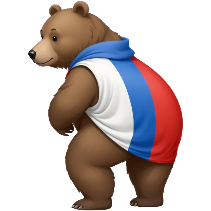 Medium brown bear on all four legs with Russian flag (white, blue, red horizontal stripes) draped over its back, minimalist style, side view emoji