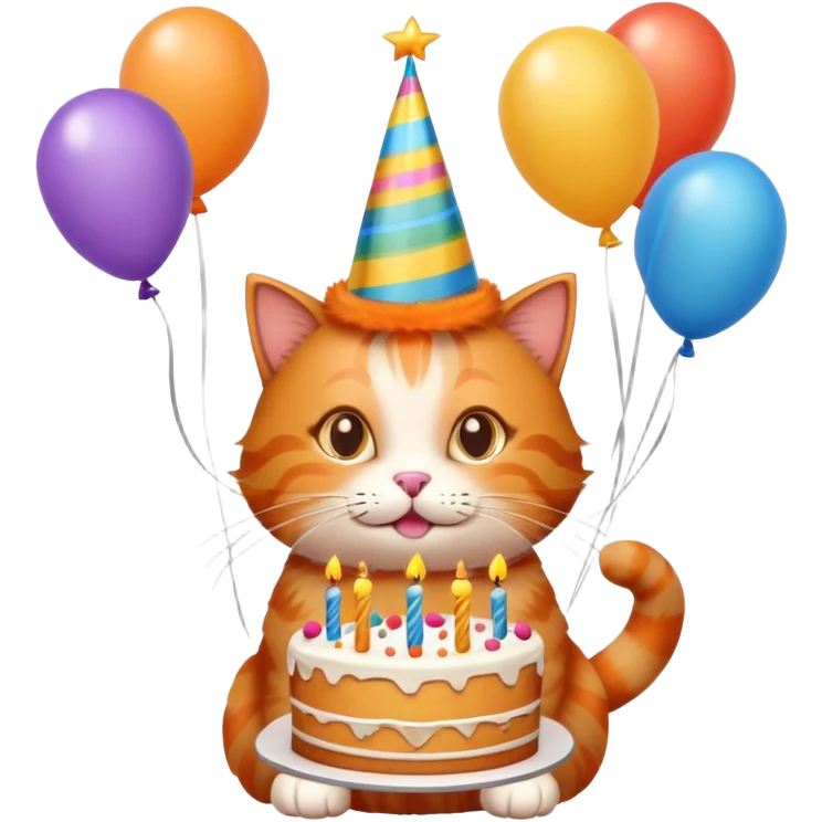 Ginger cat celebrates birthday, birthday hat, birthday cake, balloons, happy emoji