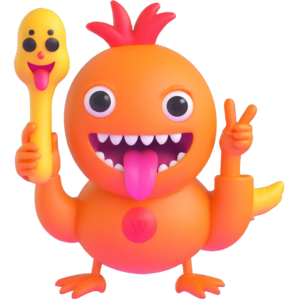 bulging eyes, unhinged grin with too many teeth, one eyeball twitching, tongue out sideways, sweating, glitching effect, peace sign with one hand, other hand holding a cursed rubber chicken emoji