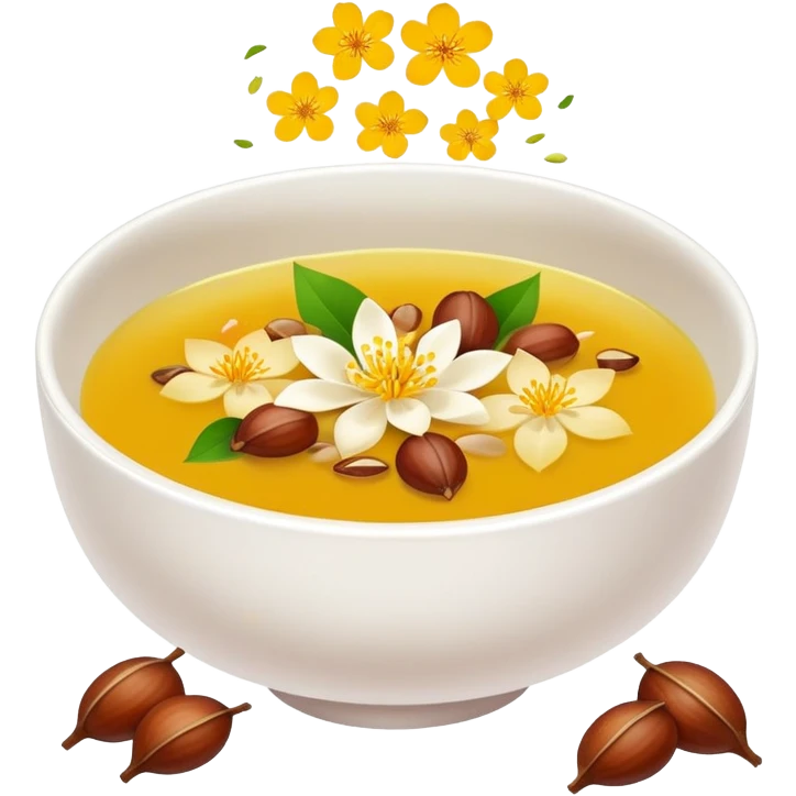 Hangzhou Osmanthus Cassia Soup with chestnuts and flower petals, simplified emoji style with bold outlines and bright colors, cartoon style fragrant dessert bowl emoji