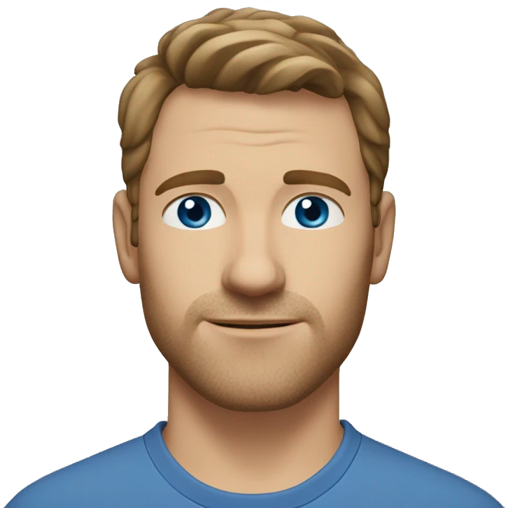 A head and shoulders shot of a 37 year old Caucasian man, with short brown hair, with none facial hair,   with blue eyes wearing a t-shirt. emoji