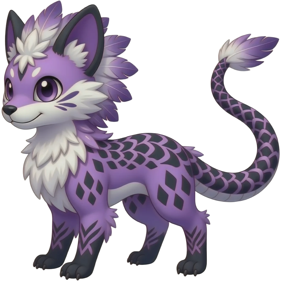 Furry, tribal-marked-patterned feathery fluffy tropical flecked painted feathery scaly, Purple, white, black, Minccino-Bambino-Lykoi-Linoone-Zangoose-fusion-hybrid-animal-Fakémon-creature, full body, thin long sleek scaly tail, intricate markings emoji