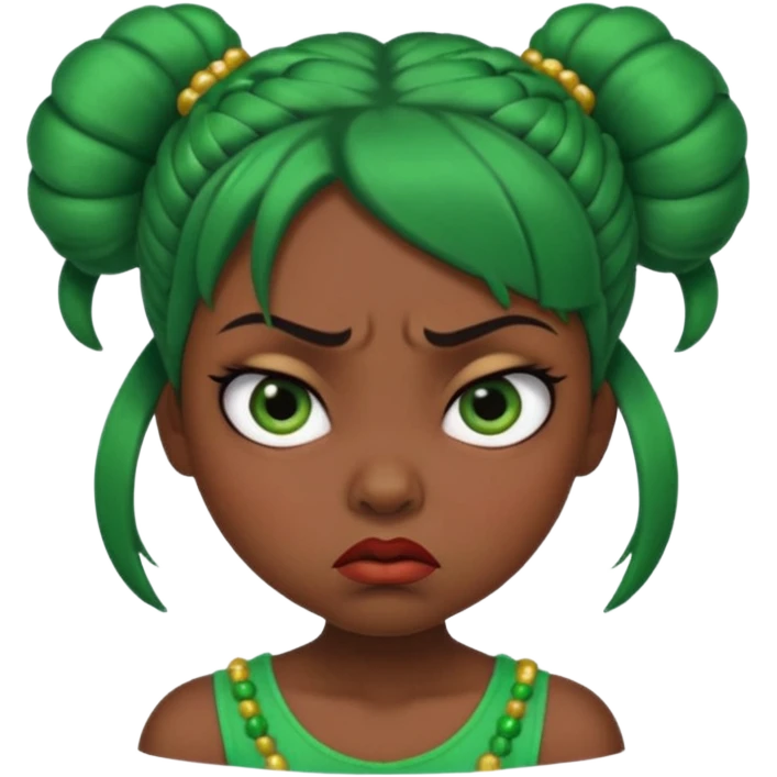 Create a 3D cartoon-style girl character with dark skin, round face, angry expression, big wide eyes, and tightly styled double buns made of green beaded hair. The girl should look irritated, eyebrows sharply angled, and lips pressed in a frown. emoji