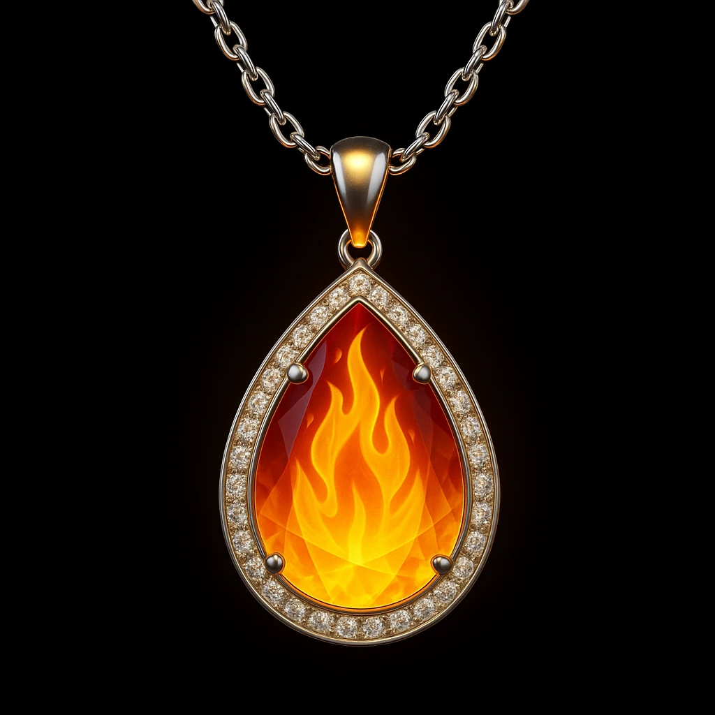 Add a yellow fiery light to the teardrop ruby pendant, representing transformation and rebirth emoji