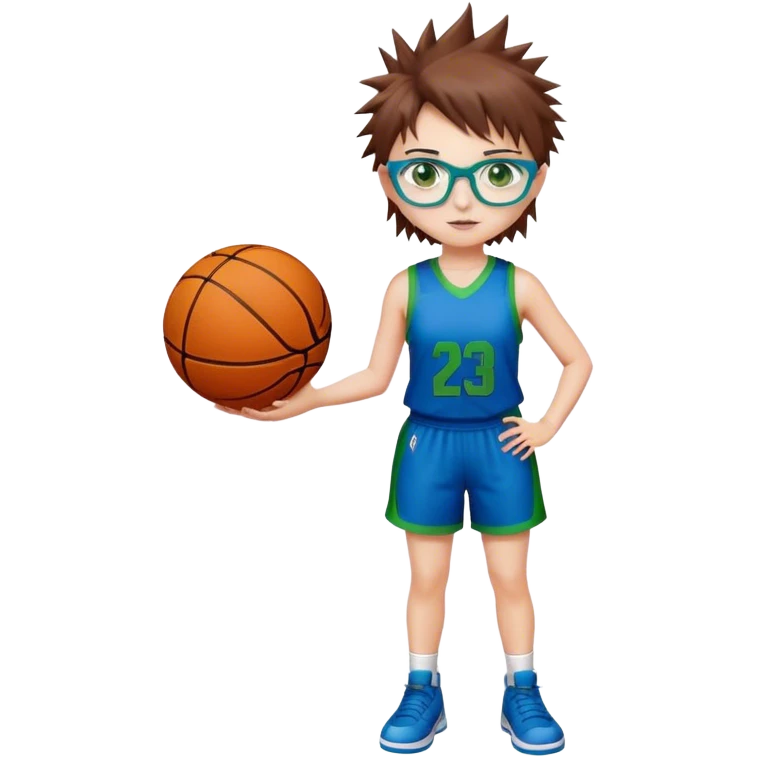 Full Body white plus Girl with basketball spikey short brown hair  wearing blue glasses with green eyes wearing basketball uniform emoji