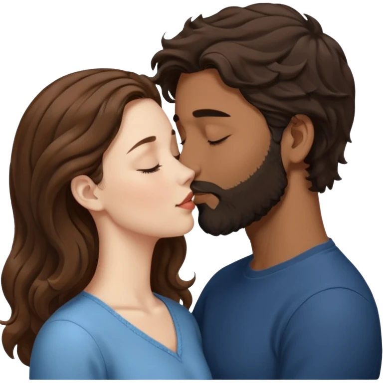 The woman is kissing the forehead of the man, side profile, White woman (brown hair with eyes closed) and brown man with black wavy hair (has a a beard with his eyes closed too). emoji