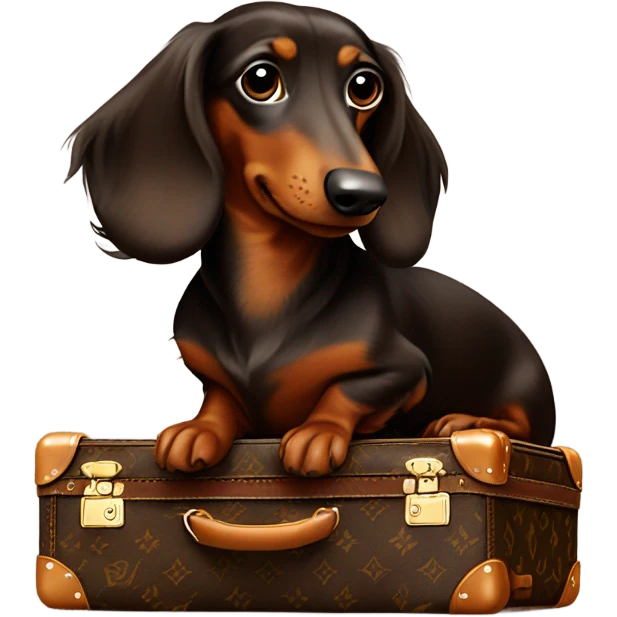 Long haired Brown dachs full body with Louis Vuitton suitcase emoji