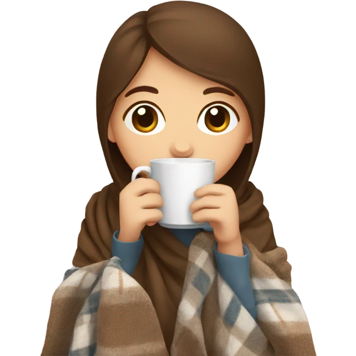Brown hair Girl drinking coffee, with a cozy blanket emoji