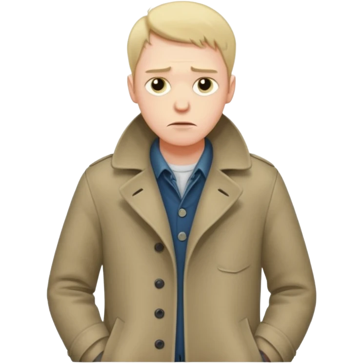 A sad man turns his pockets outside out and looks sadly at the camera emoji