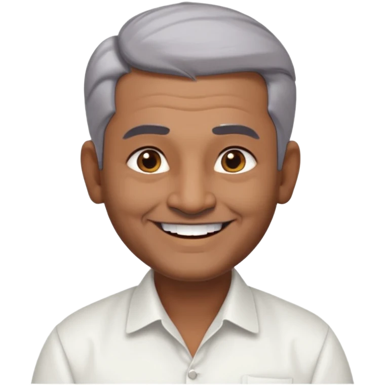 50 yr old indian man, dark skin, grey hair, big smile, white teeth, chubby, no moustache, clean shaven, young style hair, hair brushed back, 5 oclock shadow, bindy on forehead, dress shirt emoji