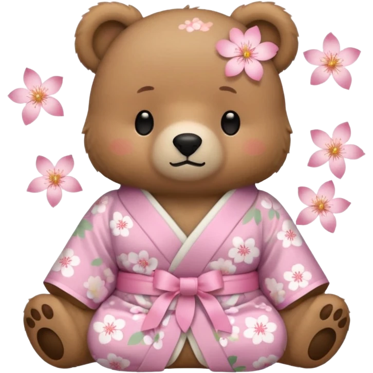 A cute light-brown bear wearing a pastel pink sakura-patterned kimono with a small ribbon on the back, normal balanced head and body proportions, sleepy half-closed eyes, mouth slightly open in a drowsy expression, tiny “zzz” floating near the head, a couple of sakura petals around
 emoji