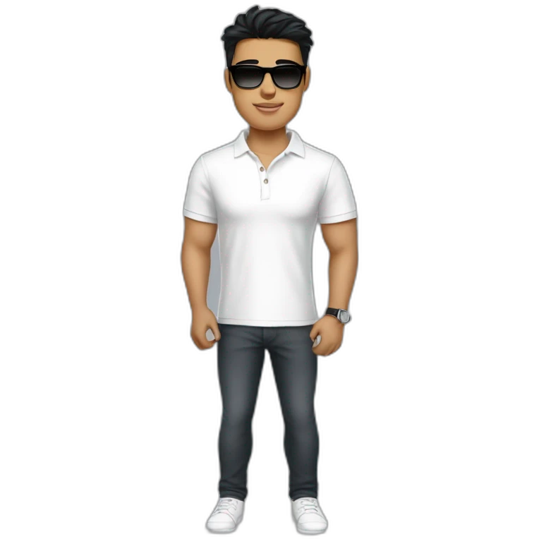A young man,  who looks like bisnessman, wears white polo t-shirt and luxury watches. Black hair, white skin. Wears raybans. Emoji style emoji