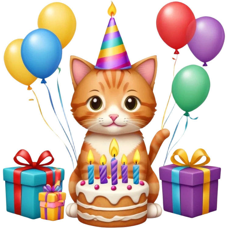 Ginger tabby kitten celebrates birthday, birthday hat, birthday cake, one candle, balloons, happy, gifts emoji