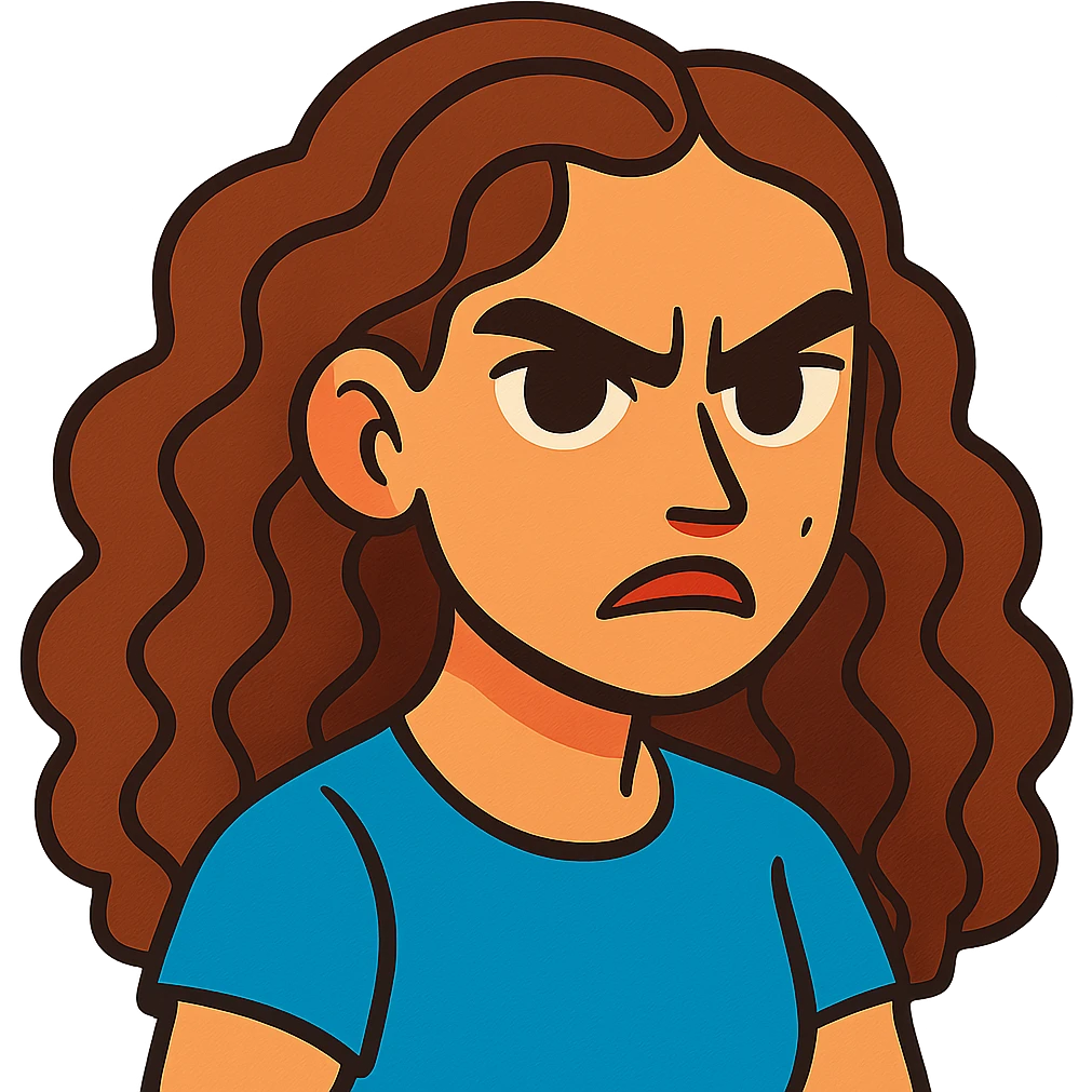 vibrant illustration of a girl with long curly brown hair (not too dark), intense dark brown eyes, clear skin (neither pale nor tan), mole on right cheek, angry expression emoji