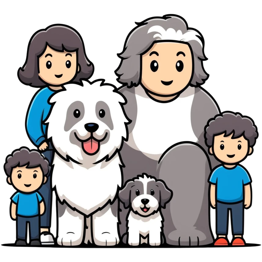 A family with mom, dad, three sons, and an Old English Sheepdog emoji