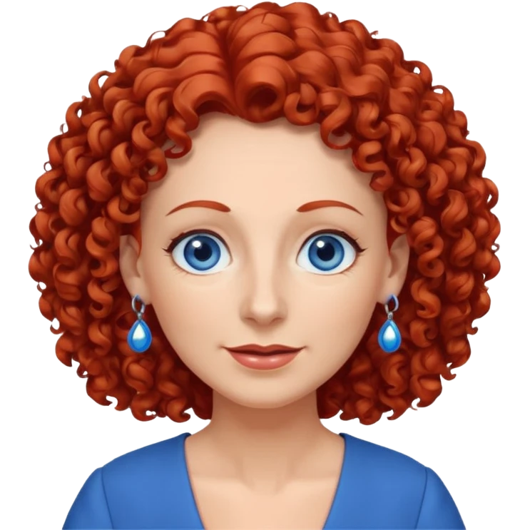 una profesora mayor simpática con el pelo rojo rizado, ojos azules, vestido azul y pendientes azules hablando emoji