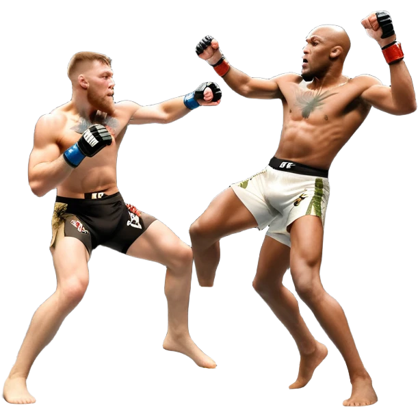 An MMA showdown between Conor McGregor and Anderson Silva in the octagon. McGregor is executing a jumping strike, while Silva skillfully deflects the attack. The background shows the UFC octagon with roaring fans and vibrant energy. Transparent background. emoji