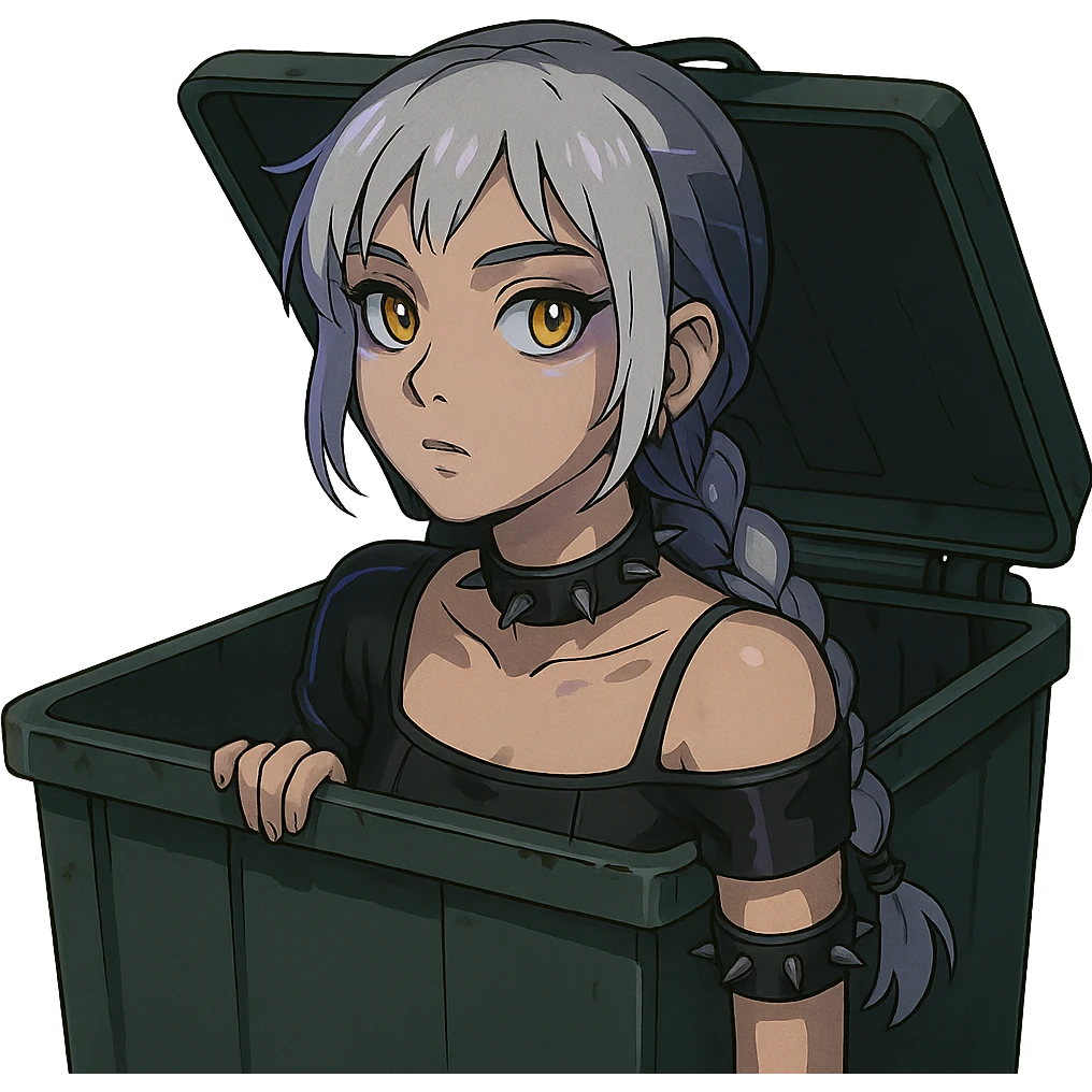 she is poking out from a garbage dumpster, a closeup portrait of young woman with gold yellow eyes, white hair, long braid, black off-shoulder top d-cup, punk gothic style, futuristic cyberwave cyberpunk, emoji