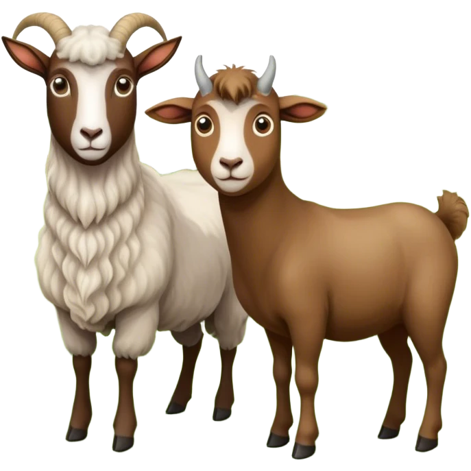 Icon for Domestic Hooved Animals: A gentle collage featuring a brown goat with large, curious eyes, a calm sheep with soft wool and a horse with a flowing mane. Background with a green pasture and a few hay bales. Transparent background. emoji