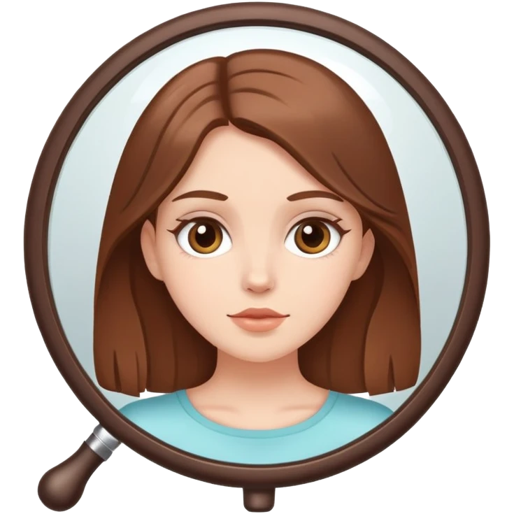 White girl with brown hair looking in a handheld mirror emoji