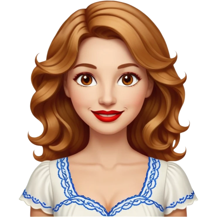 Artistic woman in her 40s with bright complexion, round face, big lively light brown eyes, wide friendly smile, vibrant red lips, voluminous wavy dark blonde hair with highlights to shoulders, white summery dress with blue embroidery and electric blue neckline emoji
