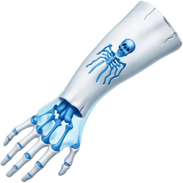 3D render of Broken Bone Cast, X-Ray imaging aesthetic, translucent materials showing internal structure, white plaster cast with a blue ghost overlay showing the break, medical scan style, emoji style, isolated on white background --v 6.0. emoji