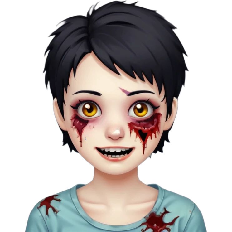 Zombie girl with messy black short hair with lashes and torn cheek and smiling face emoji