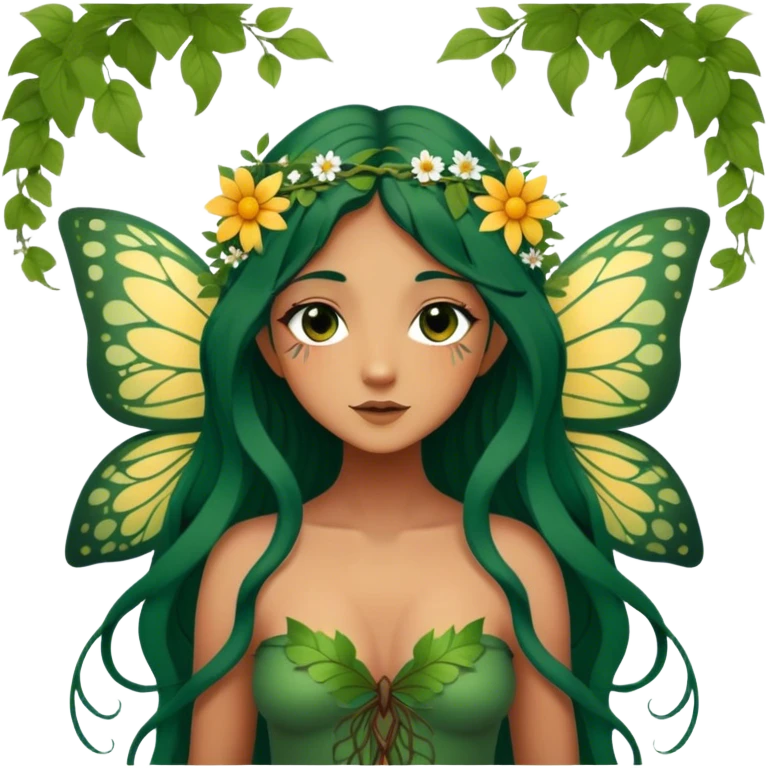 Cinematic Realistic Forest Nymph Fairy Portrait, depicted with lifelike, sun-kissed tanned skin that radiates an earthy glow, softly illuminated by natural, dappled light. Her long, flowing dark green hair is intricately detailed and interwoven with delicate vines and wildflowers, while her deep, soulful eyes mirror the wisdom of the forest. Dressed in an attire inspired by nature’s palette—with subtle botanical motifs—the portrait exudes a soft, enchanted glow that melds realism with woodland magic showing her large butterfly wings. emoji