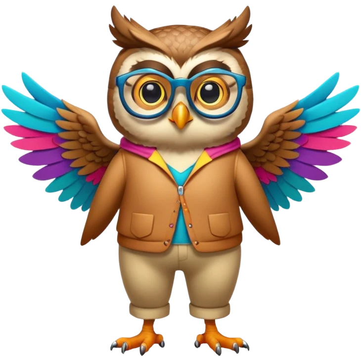 friendly anthropomorphised owl with wings instead of arms, colourful pants and shirt, wearing glasses, walking upright, unique pose 1 emoji