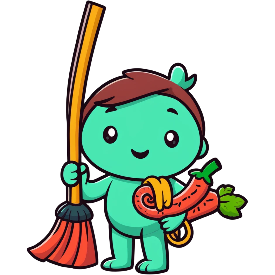 Friendly broom character sweeping through intestines, representing how fiber cleans the digestive system, surrounded by healthy food symbols emoji