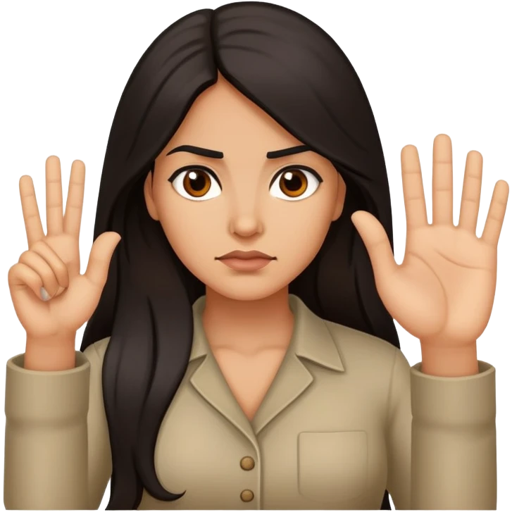 Hispanic woman with long hair, determined, hand out saying “no” emoji