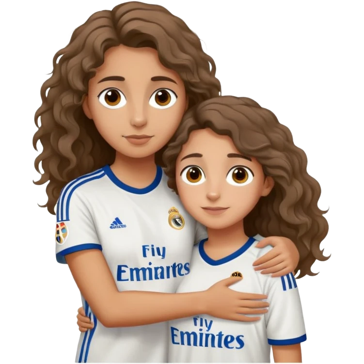  صورة لفتاة برونز اللون و شعر مموج، بعيون بنية كبيرة ترتدي قميص  الريال مدريد تعانق فتى طويل، اطول من الفتاة القامة و  لون عيون سوداء يرتدي قميص  البارصا...  emoji