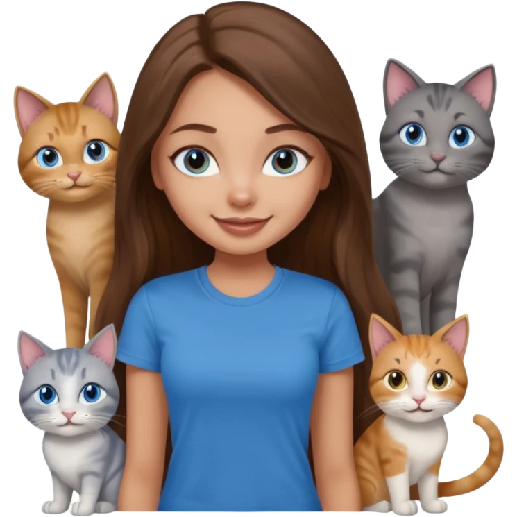 a pretty bratz dusky light skin girl with long brown hair, blue eyes with six cats nd wearing a grey tshirt emoji