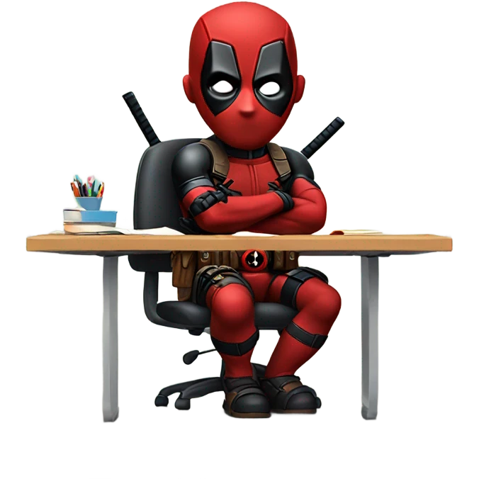 Cute Deadpool sitting at a desk, front view emoji