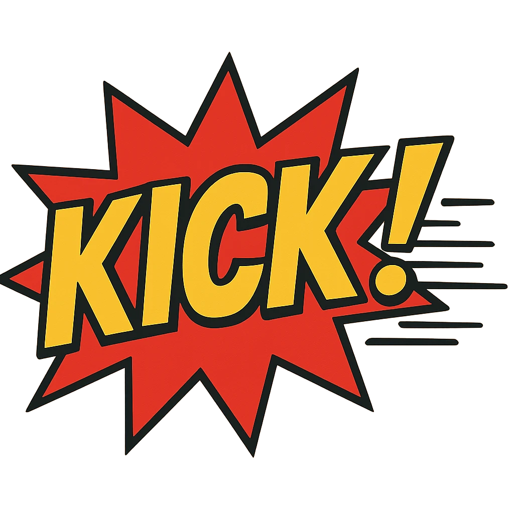 comic book style 'KICK!' action word with motion lines emoji