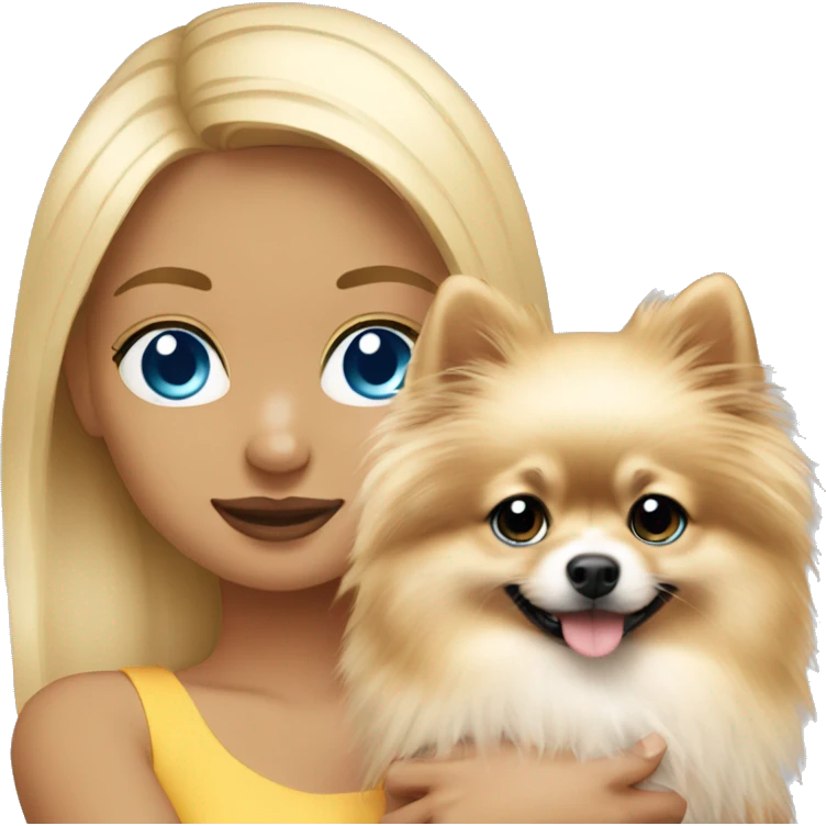 blond hair girl blue eyes holding a blond pomeranian emoji