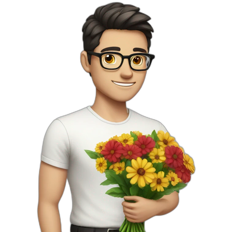 white skin guy with dark hair and glasses gives flowers emoji