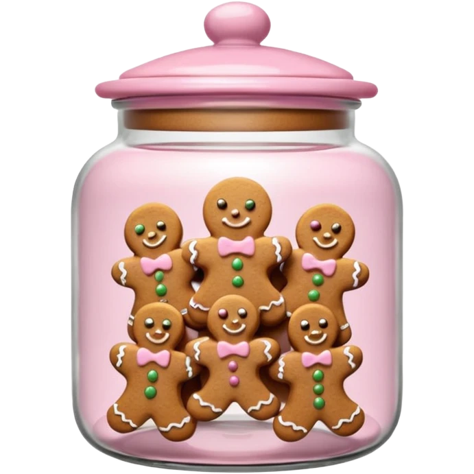 Realistic glass cookie jar with light pink lid full of gingerbread cookies isolated emoji